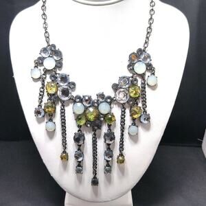 Boho Rhinestone Dangle Fringe Gunmetal Gray Dangle Necklace, 21 Inches